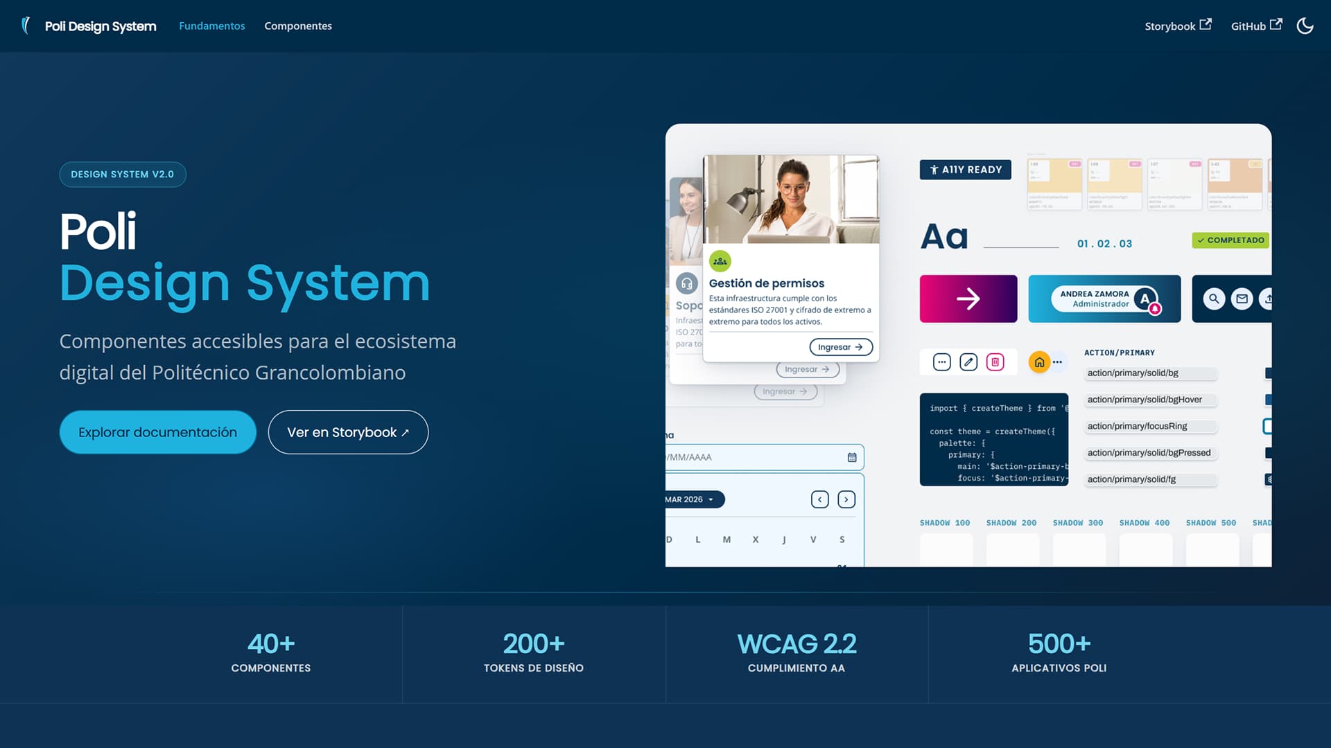 Homepage of the Poli Design System web portal. Features a dark blue background with the main title, subtitles, and highlighted buttons for Explore documentation and View in Storybook. On the right, a floating collage displays several realistic interface components. Below, four blocks highlight key metrics: over 40 components, over 200 design tokens, WCAG 2.2 AA compliance, and over 500 applications.