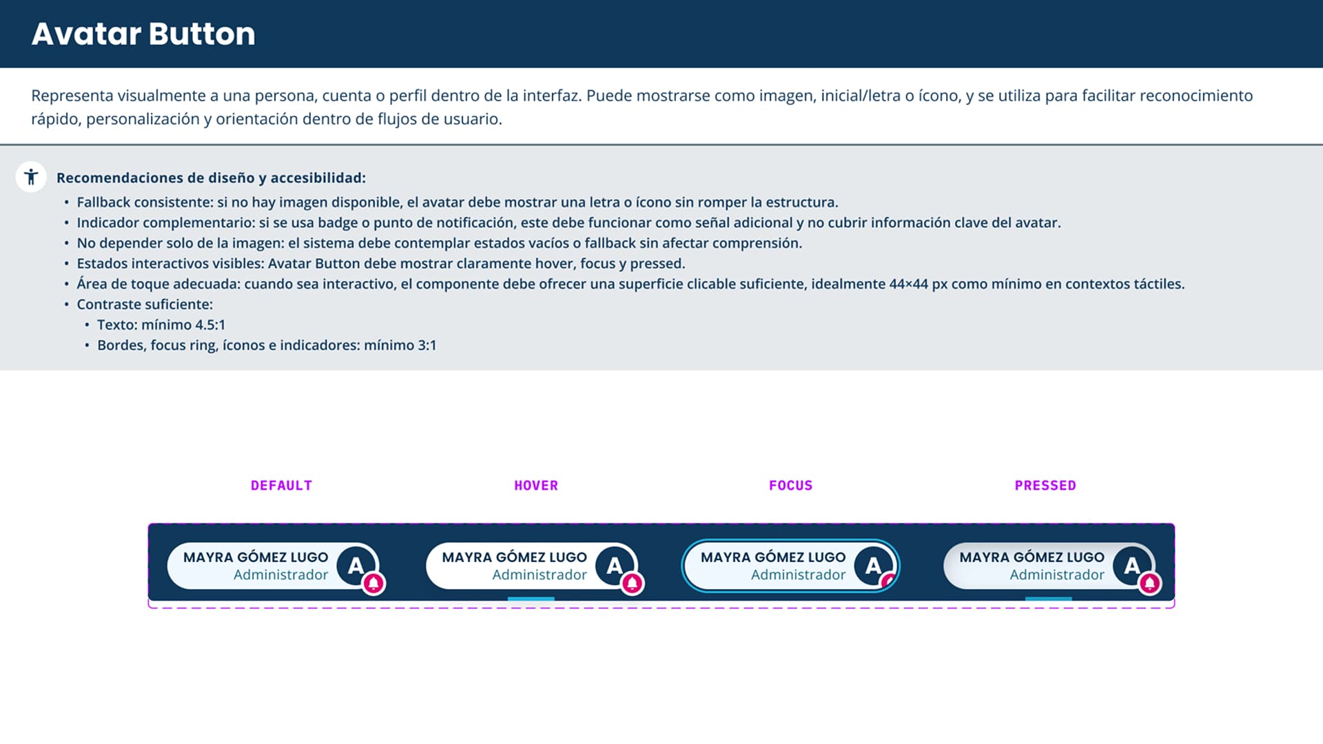 Figma canvas with technical documentation for the Avatar Button component. Top section includes a gray block with detailed Design and accessibility recommendations list. Below, a horizontal row shows the component's visual behavior through four interactive states labeled in pink: Default, Hover, Focus, and Pressed.